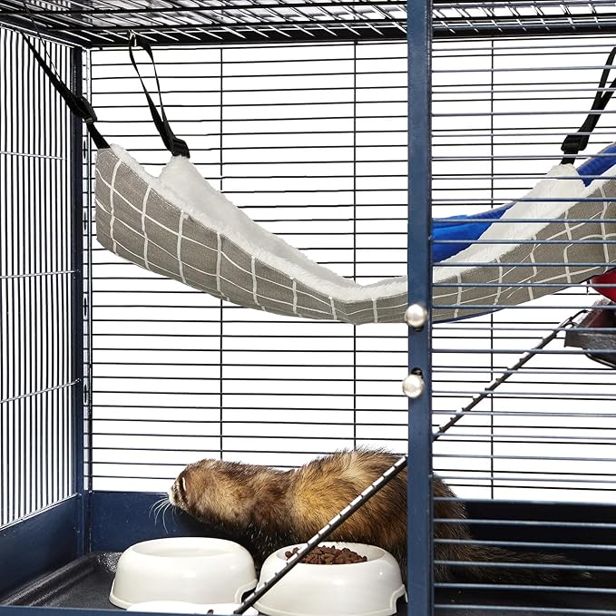 Jetec 2 Pack Cat Hammock for Cage, Catio Accessories Reversible Soft Cats Bed with Adjustable Straps and Hooks Double-Sided Linen and Fleece Hanging Hammock for Cats, Kitten(Cat and Plaid,L)