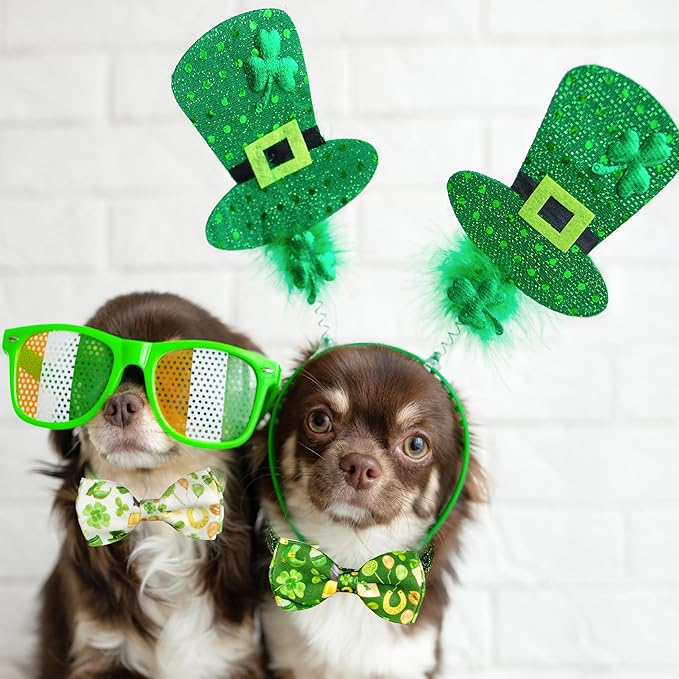 St. Patrick's Day Cat Bowtie - Green Clover Pattern with Festive Holiday Charms for Cats & Small Pets, Adjustable Pet Collar with Rainbow and Lucky Bell