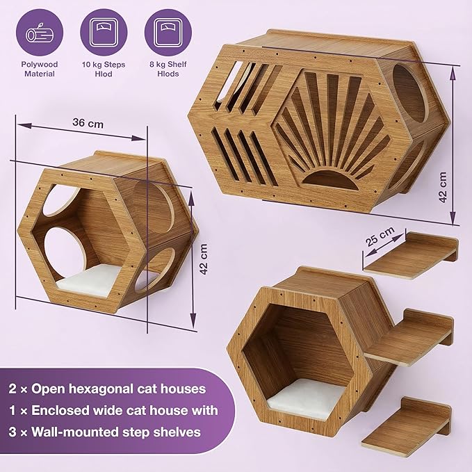 Modern Hexagonal Cat Wall Shelf System, 6-Piece Wood Wall Mounted Cat Furniture with 2 Small Hexagons, 1 Large Hexagon and 3 Climbing Steps, Geometric Cat Shelves