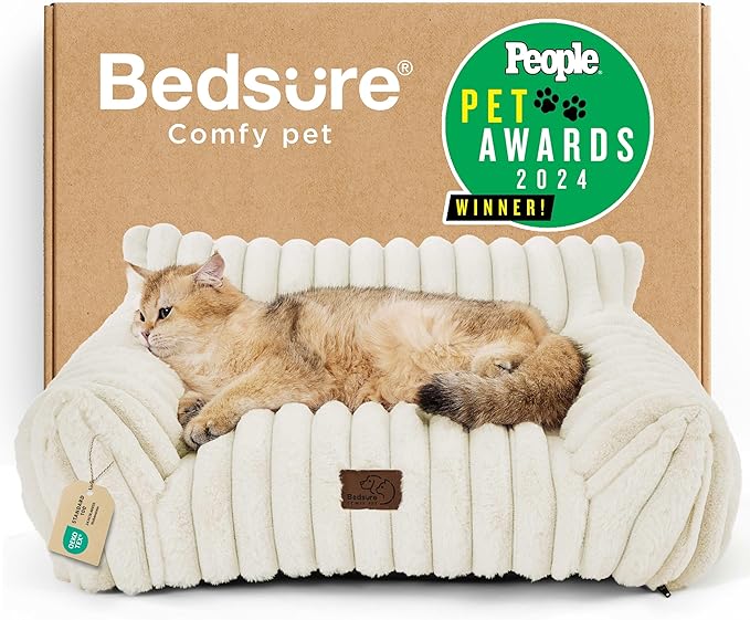 Bedsure ComfyFleece™ Cute Cat Couch for Pets - As Seen on TV on Good Day New York, Fuzzy Cats beds for Indoor Cats with Removable Washable Cover, Supportive Pet Sofa, 24inch, Cream