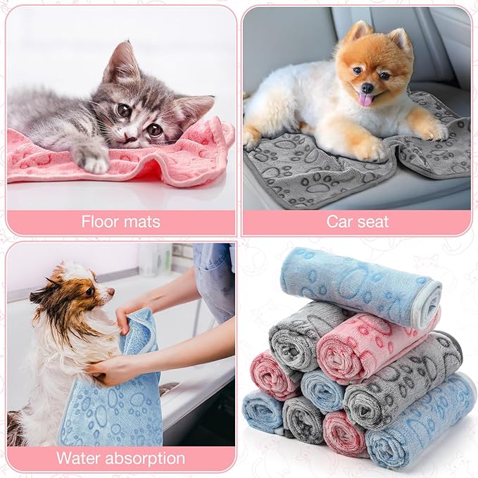 Tegeme 12 Pcs Pet Blankets Soft Fluffy Fleece Dog Cat Warm Paw Print Pattern Blankets Flannel Throw for Pets Dog Puppy Cat(30 x 20 Inch,Pink,Gray,Blue)