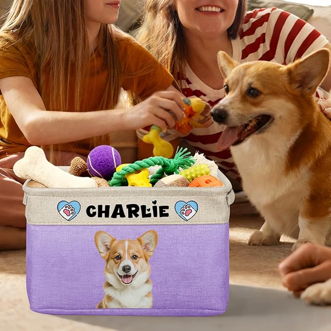 Personalized Dog Toy Storage Basket Custom Collapsible Toy Bin with Pet's Name and Photo-Rectangular Storage Organizer for Dog' Toys Clothing Blankets