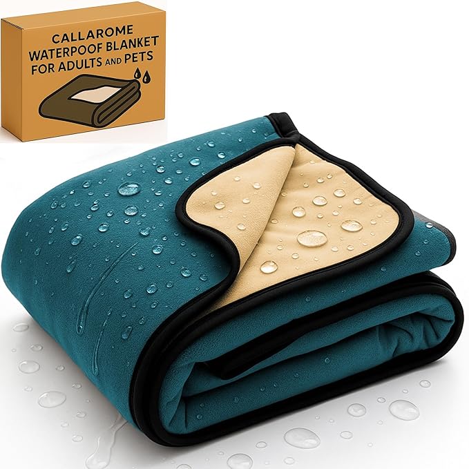 Waterproof Blanket for Bed or Couch – Soft and Leakproof Waterproof Throw Blanket, Water Proof & Stain Resistant Easy to Clean Throw Blanket Cover for Adults or Pets, Reversible Blue/Beige 60"x80"