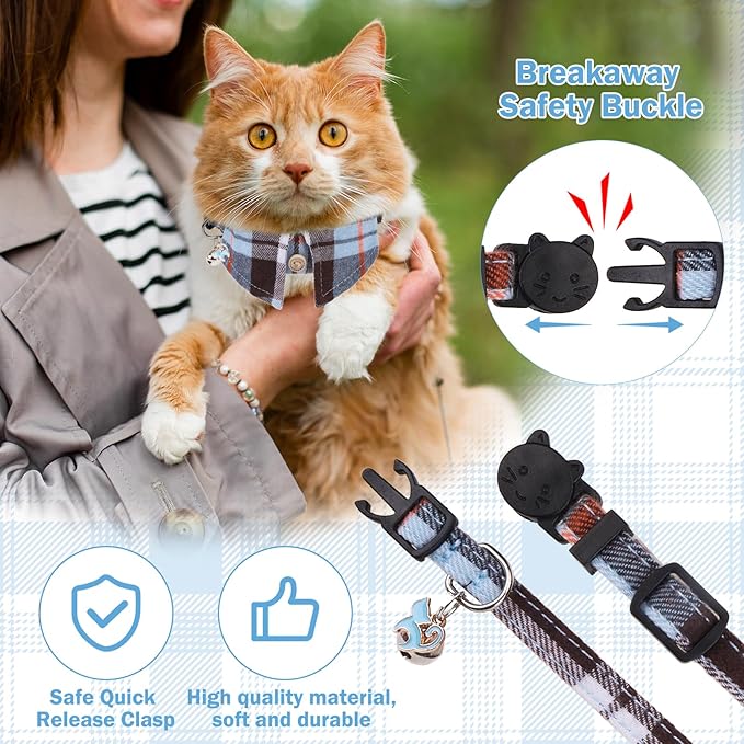 Cat Collar with Bells Breakaway, Bowtie Cat Collar for Boy Girl Cats with Removable Shirt Collar, Cute Plaid Kitten Collar with Bell & Pendant Adjustable, 2 Pack Blue Cat Necklace for Cat Pet