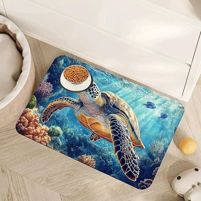 Turtle Dog Cat Food Mat,Coral Fish Absorbent Pet Feeding Mat for Food and Water,Non-Slip Dog Bowl Mats Floor Protector 12"x20"