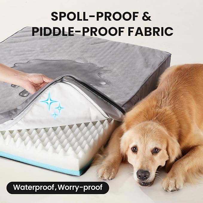 OhGeni Memory Foam Orthopedic Waterproof Dog Bed for Large Dogs, Machine-Washable Removable Cover in Easy-Clean Fabric, High Density Foam & Easy-Carry Handle, Suitable for Crate, 41 inch (Gray)