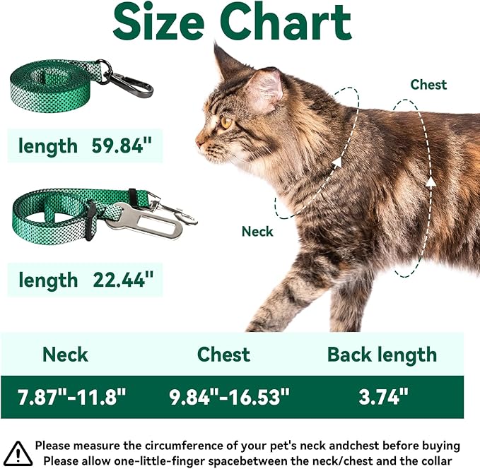 Cat Harness and Leash Set, 3-in-1 Escape Proof Adjustable, Comfortable Soft Lightweight, Safe, Easy to Wear, Walking Travel Kitten Harness for Small Medium Large Cats (Light Green)