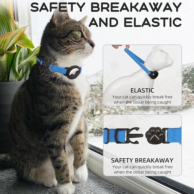 AirTag Cat Collars, Stretchy Collar with Apple AirTag Holder and Bell, Breakaway Ultra Design Elastic GPS Tracking Collars for Cats and Puppies, (7.5-12.5 Inch), Sapphire Blue