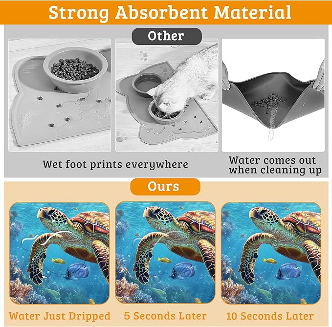 Sea Turtle Dog Cat Food Mat,Colorful Coral Absorbent Waterproof Placemat for Food and Water Non Slip Rubber Backing Durable Feeding Pad for Clean Floors 12" x 20"