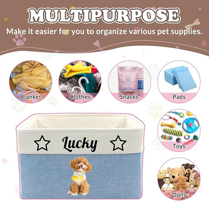 Personalized Dog Cat Toy Storage Basket with Photo & Name, Custom Collapsible Pet Organizer Bin with Handles for Toys, Clothes, Blankets & Pet Supplies