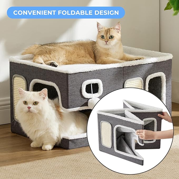 Extra-Wide Cat House for Indoor Cats - Large Cat House for Pet with Fluffy Ball Hanging and Scratch Pad, Foldable Cat Hideaway for Multi Cats, 23x16.5x13 inches, Green