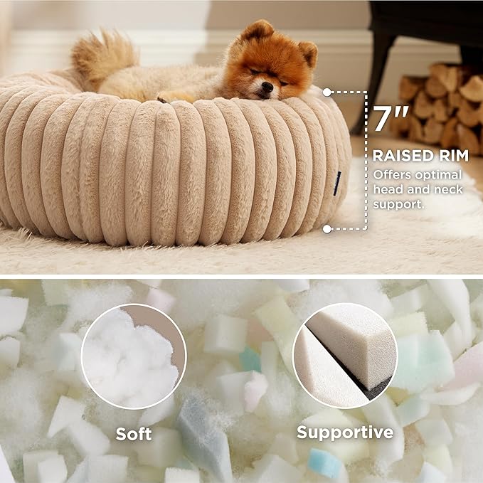Bedsure ComfyFleece™ Donut Small Dog Bed - Dog Beds for Small Dogs with Corduroy Fleece & Anti Slip Bottom, Round Faux Fur Pet Beds with Washable Removable Cover, Sandy Beige, 23x23x7 inches
