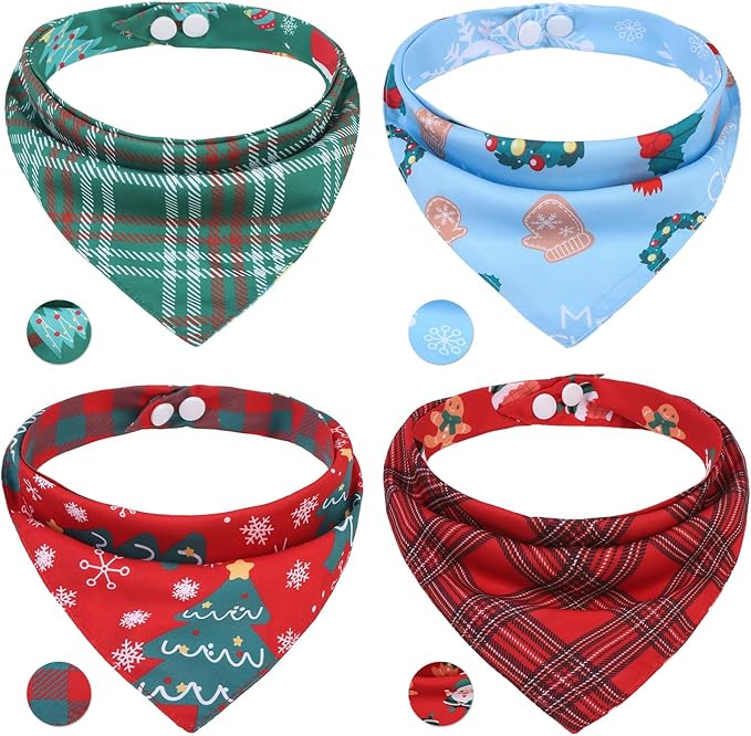 PAWCHIE Christmas Dog Bandanas 4 Pack, Reversible Dog Party Triangle Scarf Bibs, Pet Holiday Costume with Adjustable Snaps, Multiple Christmas-Themed Patterns for Small Medium Dogs Puppy, Cats, Pets