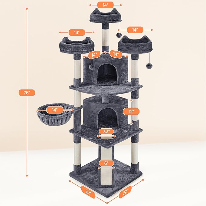 Yaheetech 76in Cat Tree Multi-Level Cat Tower with Large Cat Condo＆Cozy Perches Stable Pet Play House w/Sisal-Covered Scratching Posts＆Board for Indoor Cats, Dark Gray