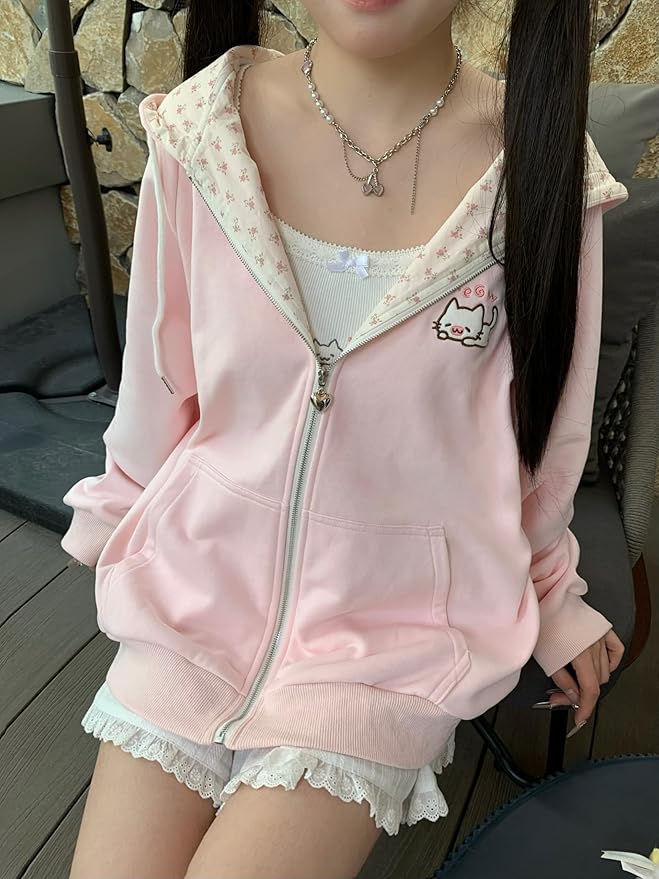 Womens Y2K Zip Up Cute Graphic Hoodies Cat Ears Casual Cartoon Harajuku Kawaii Clothes Oversize Streetwear Jacket