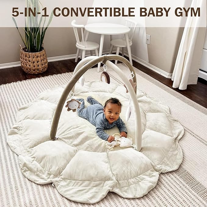 Little Dove 5-in-1 Convertible Baby Play Gym with 6 Toys, Tummy Time Mat for Sensory Development, Baby Activity Center for Newborn & Toddler, Ball Pit, Soft Pet Mat, No Ball Included Brown