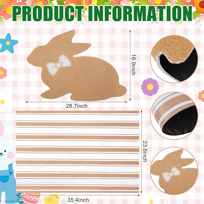 Tinideya 2 Pcs Bunny Door Mat Rabbit Welcome Non Slip Coir Mats Brown and White Stripe Floor Layering Doormats Seasonal for Front Porch Entryway Decor(Rabbit)