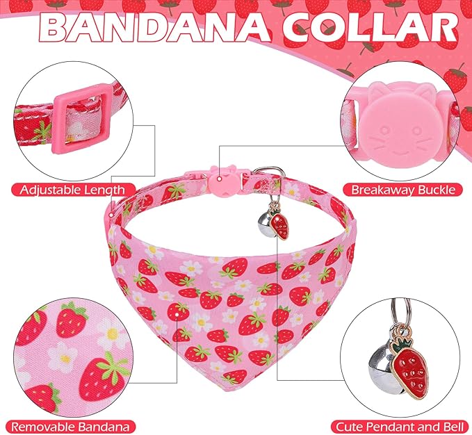 EXPAWLORER Cute Cat Collar Breakaway with Bells - 2 Pack Fruit Adjustable Pet Collar with Removable Bow Tie and Bandana, Safety Buckle for Girl Boy Cats Kitten, Strawberry