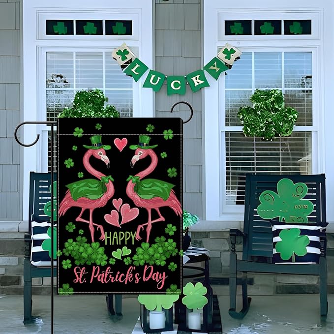 Dyrenson Happy St Patricks Day Flamingo Decorative Garden Flag, Lucky Shamrock Clover Black Yard Outside Home Decorations, Spring Irish Love Hearts Burlap Outdoor Small Decor Double Sided 12 x 18