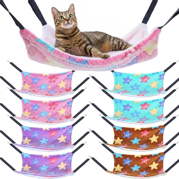 8 Pcs Reversible Cat Hammock Plush Ferret Hammock Hanging Bed with Straps and Metal Hooks Cage Accessories for Indoor Kitten Puppy Rabbits Feral Animals Rehab and Shelters(Starfish Style)