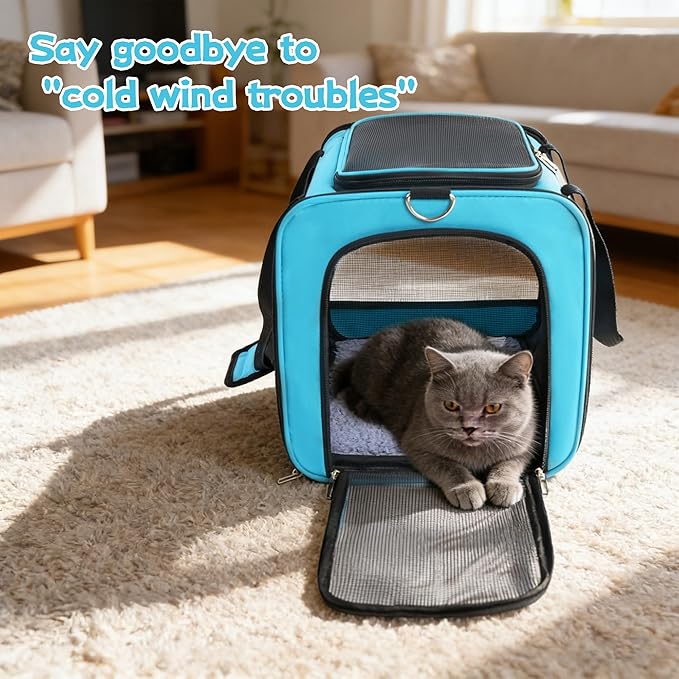 YUNIQUE Soft-Sided Cat & Dog Carrier for Pets Up to 15 Lbs, Airline Approved Collapsible Travel Puppy Carrier with Lightweight Fabric Design (Blue)
