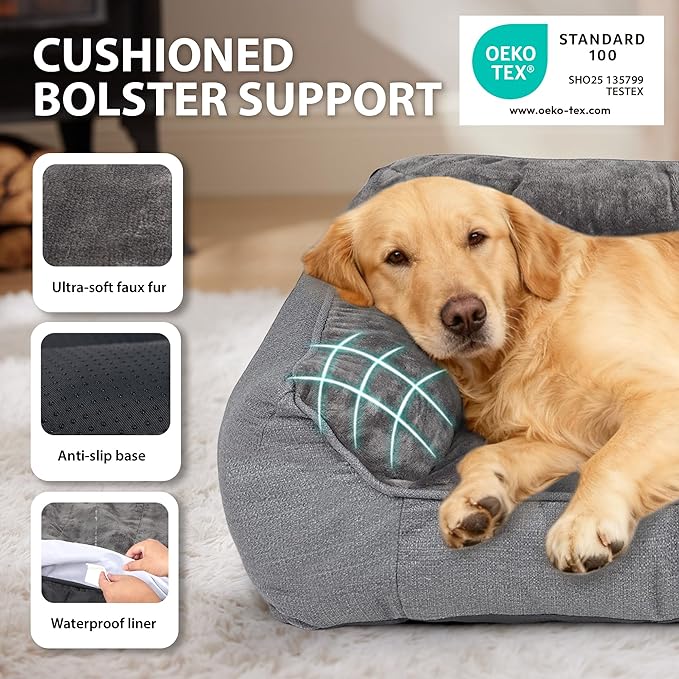 Orthopedic Dog Bed for Extra Large Dogs - Extra Thick Supportive Dog Couch Bed, Pet Beds Sofa with Waterproof Washable Cover & Non-Slip Bottom, Grey, 42x30 Inch