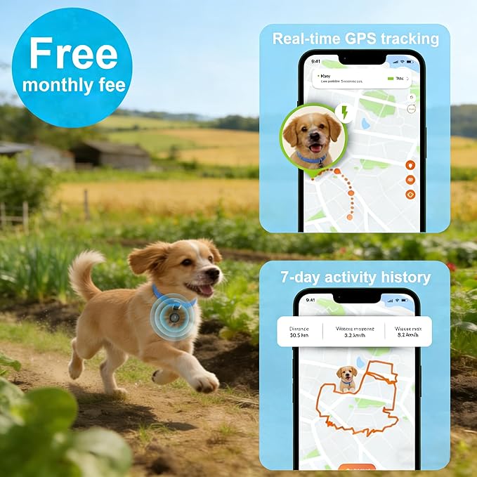 GPS Tracker for Dogs, Smart Collar with Real-Time Location - Pet Location Tracker with Holder, No Monthly Fee/No SIM Card, Works with iOS Find My, Ultra-Slim, IP68 Waterproof, 12-Month Working Time