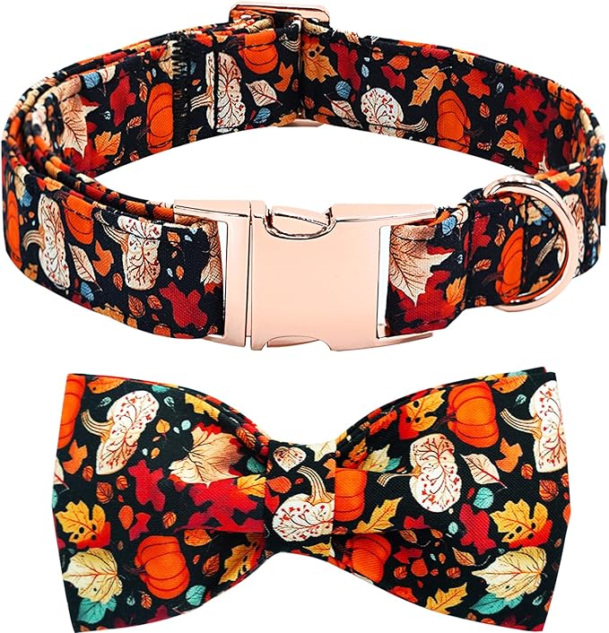 Fall Dog Collar, Leaf Pumpkin Print Adjustable Pet Collar Cute Cotton Soft Collars with Bow Tie Metal Buckle Holiday Puppy Collars Boy&Girl Gift for Small Dogs
