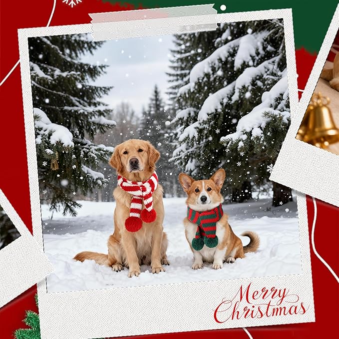 BWOGUE 2-Piece Knitted Dog Christmas Scarf & Bandana with Red and Green Pom Poms for Medium/Large Dogs - Winter Warm Holiday Pet Costume Accessory (Red, Green)
