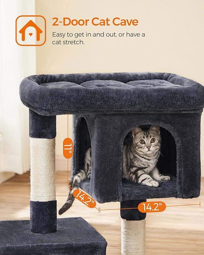 Feandrea Cat Tree, 33.1-Inch Cat Tower, Plush Condo for Large Cats up to 16 lb, Large Perch, 2 Caves, Scratching Post, Smoky Gray UPCT61G