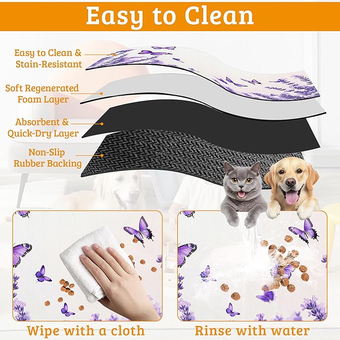Pet Feeding Mat,Lavender Butterfly Absorbent Dog Cat Food Mat Purple Dog Mat with Rubber Backing,Non-Slip Water Bowl Placemat,Pet Supplies 16" x 24"