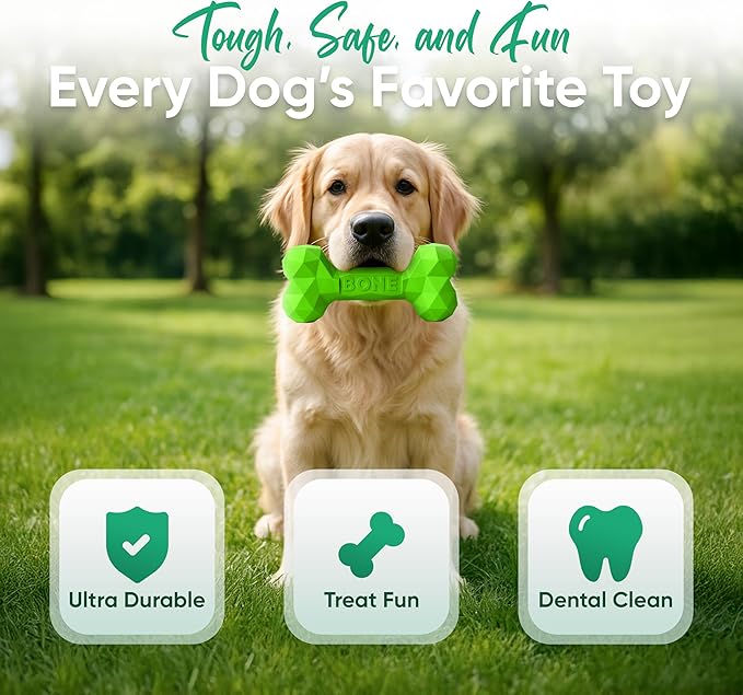 Natural Rubber Dog Chew Bone – Treat-Dispensing, Tough & Indestructible Chew Toy – Safe for Aggressive Chewers – Dental Health & Boredom Relief (Green)