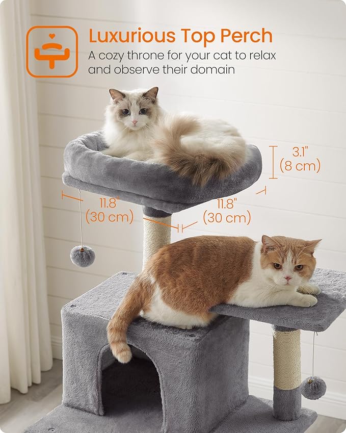 Feandrea Cat Tree, 73.2-Inch Tall Cat Tower, Plush Multi-Level Condo with 5 Scratching Posts, 2 Perches, 2 Caves, Hammock, 2 Pompoms, Light Gray UPCT191W01