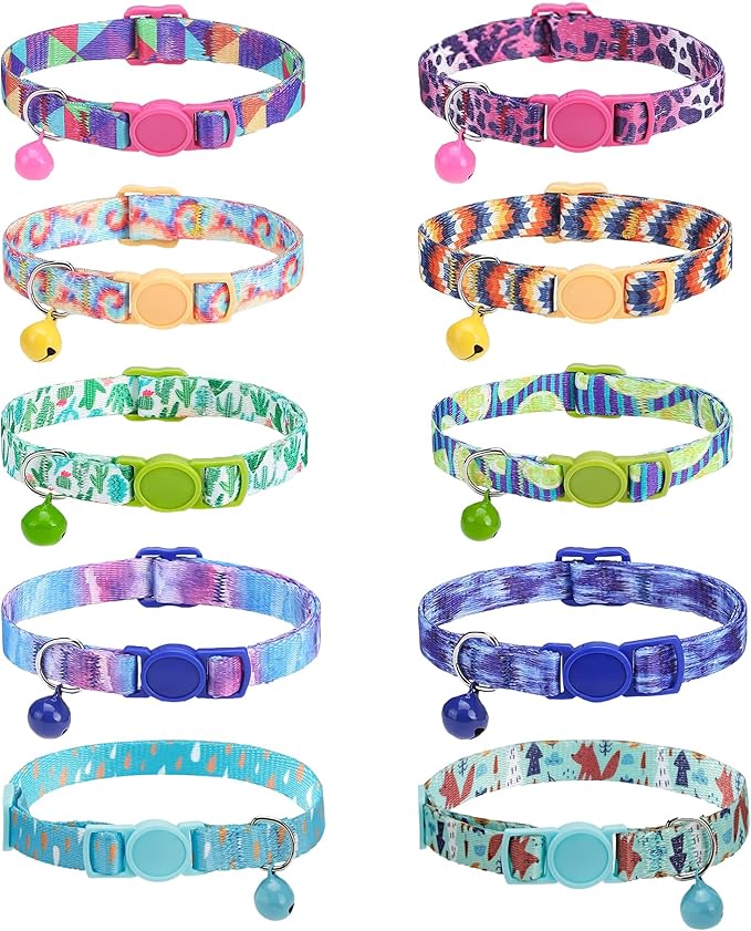 SOLMOONY Cute Cat Collar for Girl Boy,Colorful Breakaway Cat Collars with Bell 2 Pack，Adjustable Printed Nylon with Safety Buckles Kitten Collar (Leopard Print)