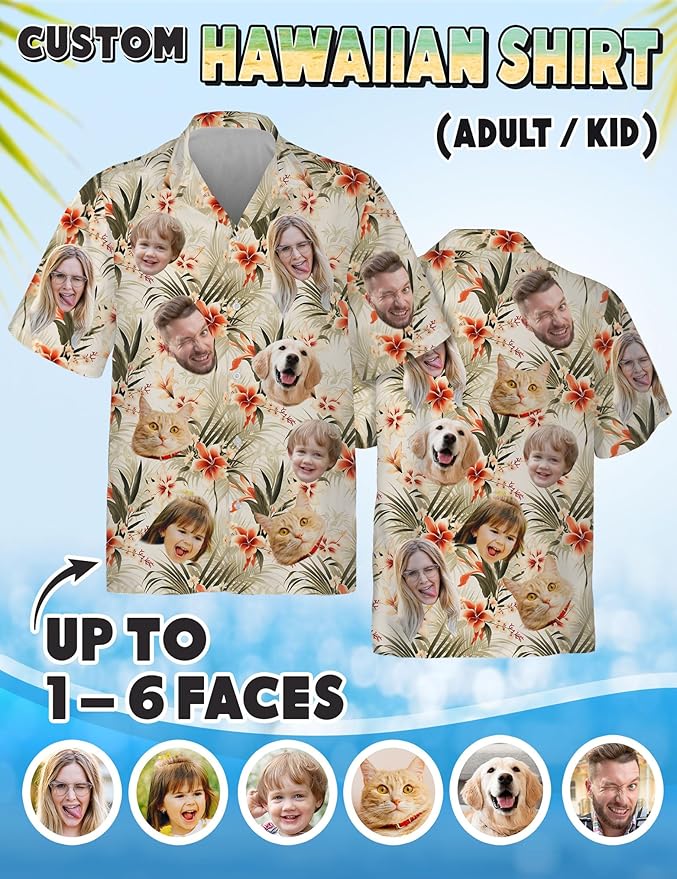 Custom Hawaiian Shirt with Face Photo Picture for Men Women Kids Youth Adult, Tropical Personalized Hawaiian Shirts Gift