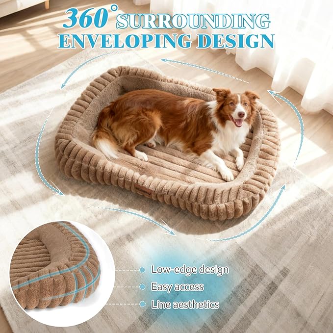 Washable Medium Size Dog Bed, Durable Calming Orthopedic Pet Bed with Removable Cushion Cover & Anti-Slip Bottom, Rectangle Bolster Sides Dog Bed with Handle, 30x24x4inches, Brown
