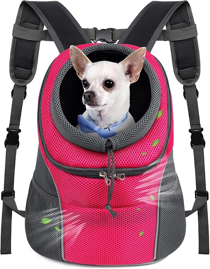 WOYYHO Pet Dog Carrier Backpack Small Dog Front Backpack Ventilated Dog Carrier Back Pack with Storage Pockets, Adjustable Straps & Safety Belt for Travel Hiking Outdoor (Size L: 10-14 lbs, Rose)
