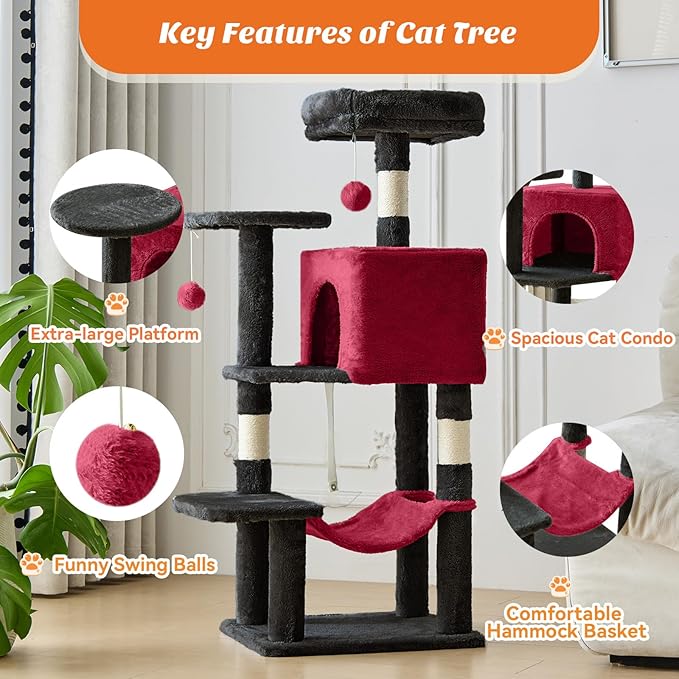 Sweetcrispy 44 Inch Cat Tree Tower, Cat Climbing Tower with Natural Sisal Scratching Posts, Hammock, Pet Condo for Indoor Cats and Kittens Play, Black and Red