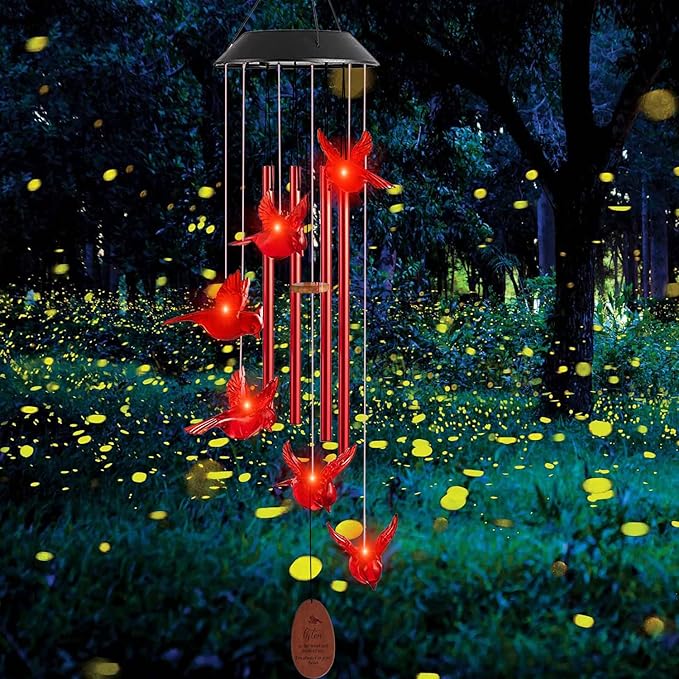 Solar Cardinal Wind Chimes Outdoor Solar Lights Cardinal Red Bird Windchimes Waterproof Hanging Decorations for Garden Patio,Gifts for Women Birthday Thanksgiving Party