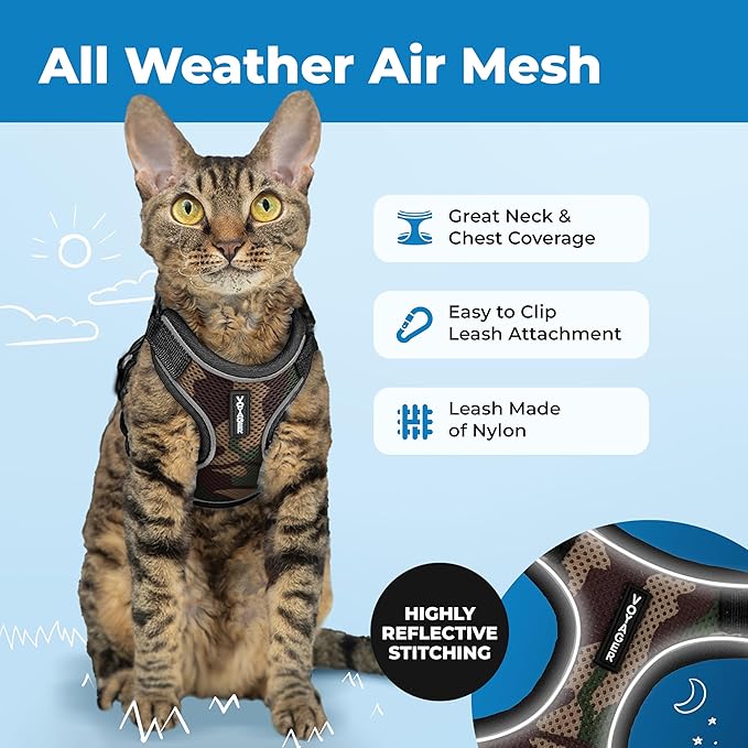 Voyager Escape-Proof Step-in Lock Cat Harness & 5ft Neoprene-Handle Leash Set All-Weather Mesh with Reflective Stitching for Small to Large Cats by Best Pet Supplies, Army (327), XS