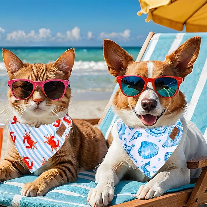 JarThenaAMCS 2Pcs Sea Dog Bandana Summer Ocean Animal Theme Triangle Pet Scarf Double-Sided Adjustable Pet Neckerchief for Hawaii Beach Party Decor Small Medium Large Dog Costume Accessories