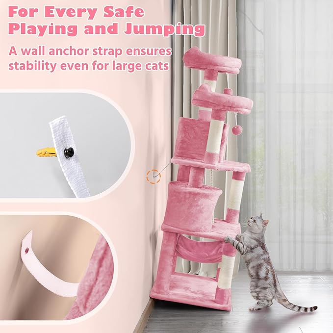 Yaheetech 62.5inches Cat Tree Cat Tower Cat Condo with Platform & Hammock, Scratching Posts for Kittens Pet Play House with Plush Perch for Indoor Activity Relaxing, Pink
