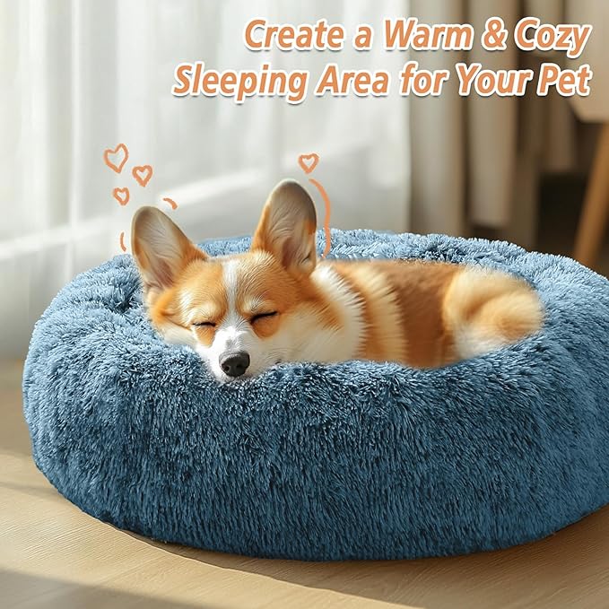 JOLLYVOGUE Calming Dog Bed Large Size Dog, Anti-Anxiety Donut Large Pet Bed, 36 inches Fluffy Faux Fur Round Cat Bed, Fits up to 75 lbs Pets (Blue)