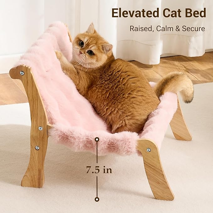 Solid Wood Cat Couch Bed for Indoor Cats, Modern Cat Sofa with Ultra-Soft Plush Surface Washable, Reclined Backrest, Elevated Elevated Cat Lounge Furniture for Small to Adult Pets, Sakura Pink