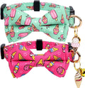 2 Pack Cotton Cat Collar with Bow Tie and Bell for Girl Boy Cats,Cute Pink Flamingo and Blue Whale Pattern Spring Summer Breakaway Cat Collar for Male Female Cats (Ice Cream)
