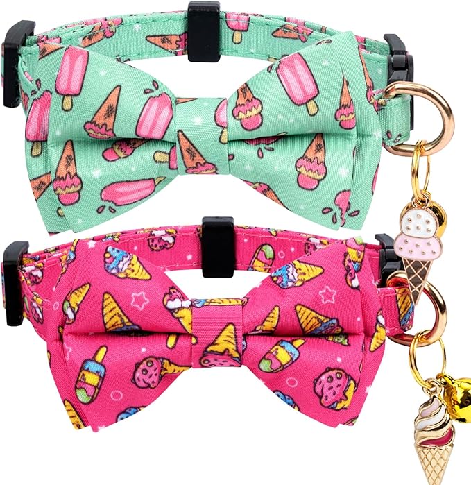 2 Pack Cotton Cat Collar with Bow Tie and Bell for Girl Boy Cats,Cute Pink Flamingo and Blue Whale Pattern Spring Summer Breakaway Cat Collar for Male Female Cats (Ice Cream)