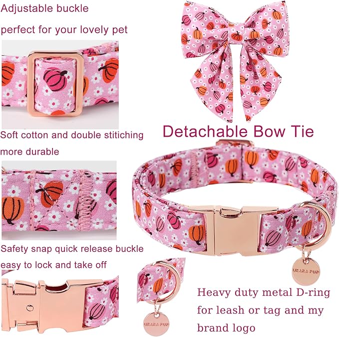 Halloween Pumpkin Dog Collar with Bow Tie, Pink Halloween Puppy Bowtie Collar with Adjustable Metal Buckle,Fancy Dog Collar Bowtie for Girl Boy Dog,XL