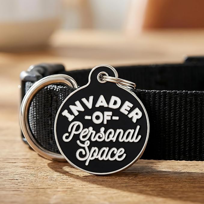 Bad Tags Personalized Dog and Cat ID Tags in 25+ Designs and 2 Sizes - 5 Lines of Custom Engraved Text - Funny Cute Personalized Pet Tags (Invader of Personal Space - Black, Small (1 inch))