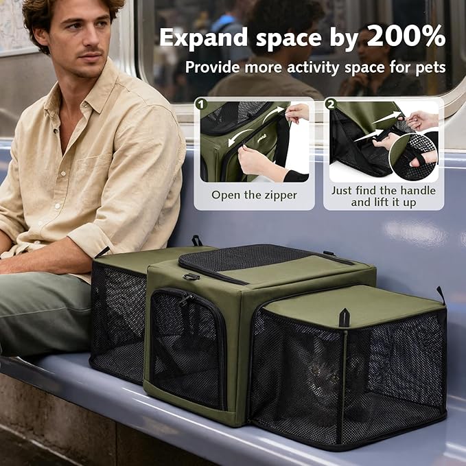 Pecute Cat Carrier Expandable, Stable Pet Carrier with 5mm Thick Steel Wire Frame, Dual-Side 200% Larger Space, Car Travel Carrier with Locking Zippers & Belt, Foldable for Storage,Green
