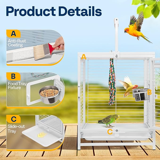 VIVOHOME 19 Inch Wrought Iron Bird Travel Carrier Cage for Parrots Conures Lovebird Cockatiel Parakeets White